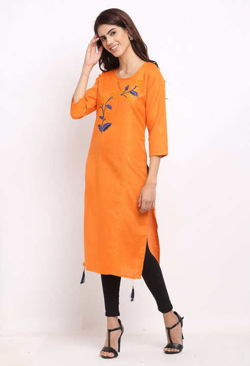 Orange Slub Cotton Floral Embroidered Kurti