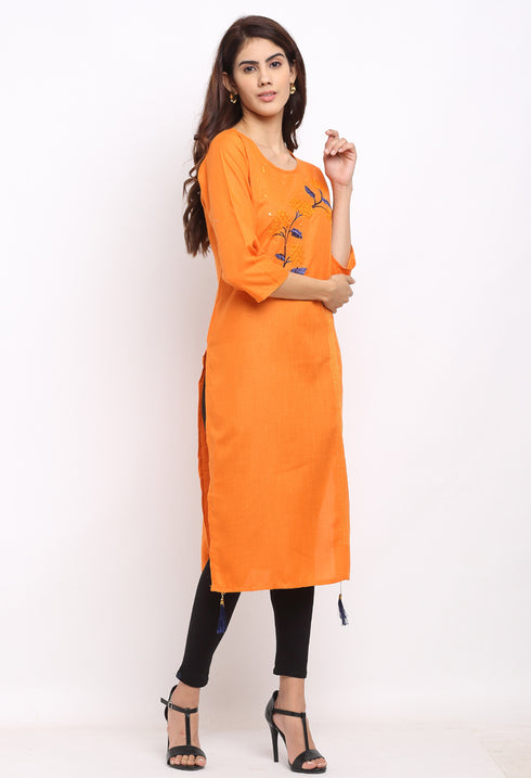 Orange Slub Cotton Floral Embroidered Kurti