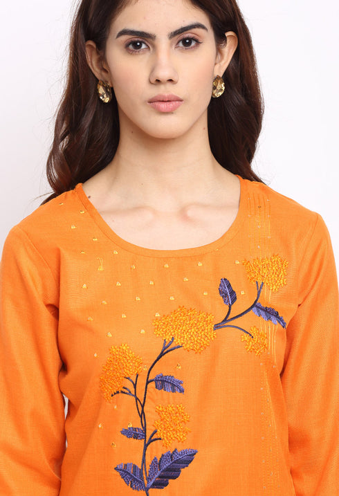 Orange Slub Cotton Floral Embroidered Kurti