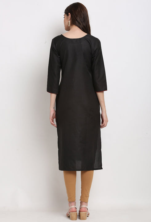 Black Slub Cotton Floral Embroidered Kurti