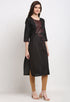 Black Slub Cotton Floral Embroidered Kurti