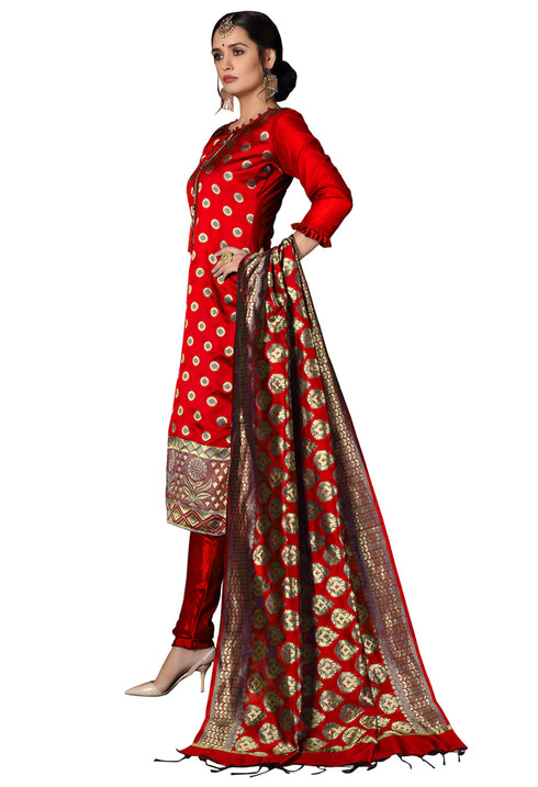 Red Heavy Silk Banarasi Weaving Work Unstitched Salwar Suit Material