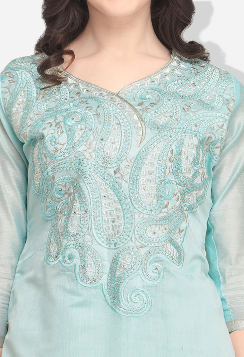 Sky Blue Cotton Embroidered Unstitched Salwar Suit Material