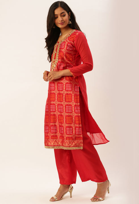 Red Banarasi silk Printed Unstitched Salwar Suit Material