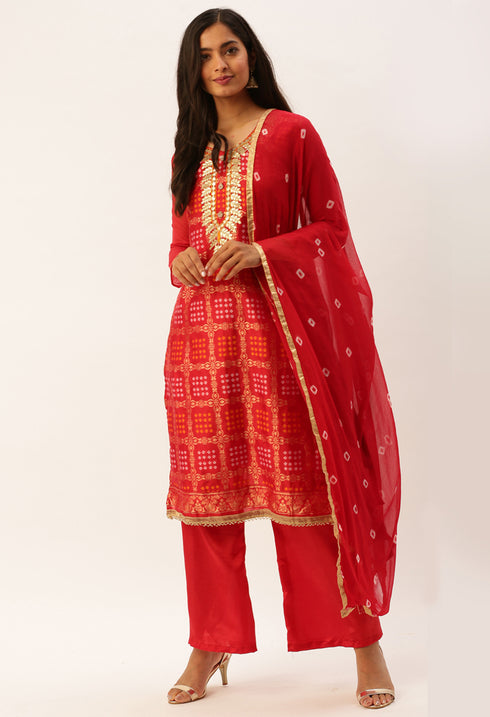 Red Banarasi silk Printed Unstitched Salwar Suit Material