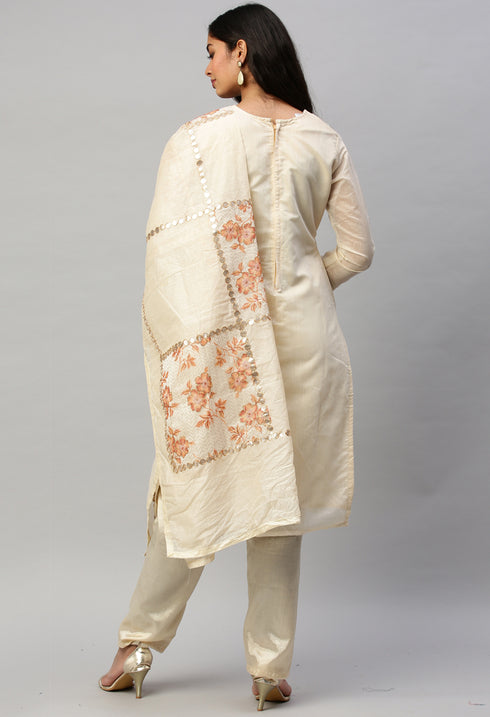 Off-White Chanderi embellished Unstitched Salwar Suit Material