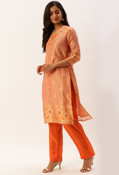 Peach Heavy Silk Banarasi Weaving Work Unstitched Salwar Suit Material