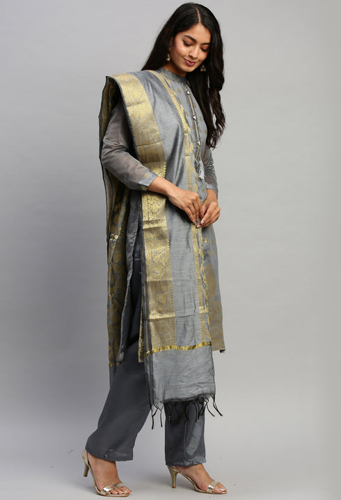 Grey Heavy Silk Banarasi Weaving Work Unstitched Salwar Suit Material