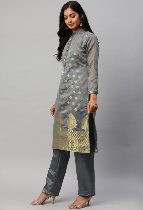 Grey Heavy Silk Banarasi Weaving Work Unstitched Salwar Suit Material