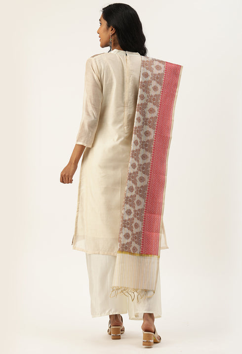 Beige Heavy Silk Banarasi Weaving Work Unstitched Salwar Suit Material - Rajnandini