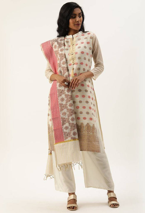 Beige Heavy Silk Banarasi Weaving Work Unstitched Salwar Suit Material - Rajnandini