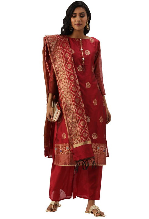 Maroon Heavy Silk Banarasi Embellished Unstitched Salwar Suit Material