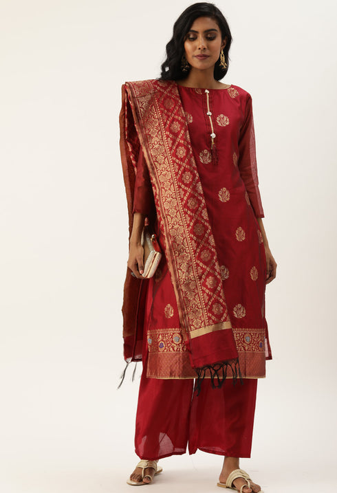 Maroon Heavy Silk Banarasi Embellished Unstitched Salwar Suit Material
