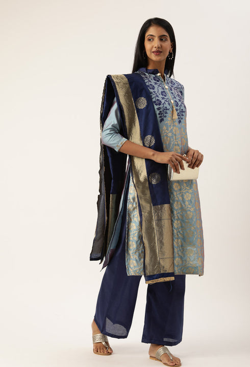 Blue Heavy Silk Banarasi Weaving Work Unstitched Salwar Suit Material