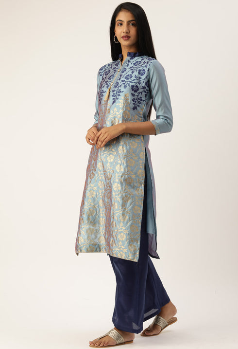 Blue Heavy Silk Banarasi Weaving Work Unstitched Salwar Suit Material