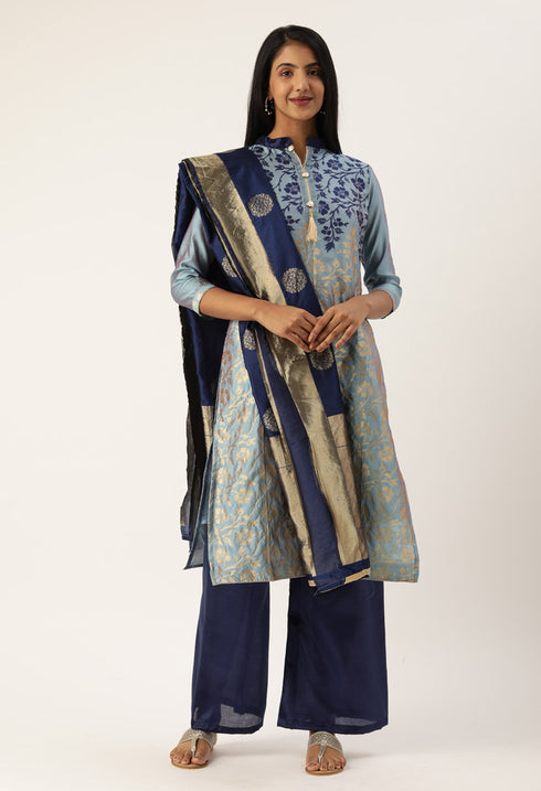 Blue Heavy Silk Banarasi Weaving Work Unstitched Salwar Suit Material