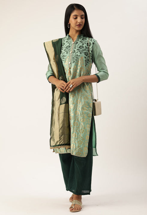 Green Heavy Silk Banarasi Weaving Work Unstitched Salwar Suit Material