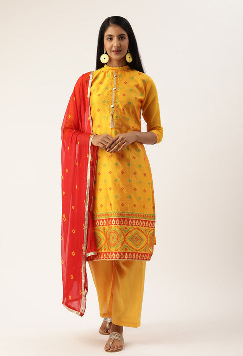 Yellow Heavy Silk Banarasi Weaving Work Unstitched Salwar Suit Material