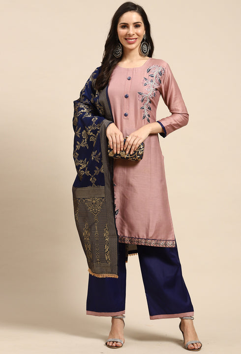 Pink Pure Cotton Embroidered Semi-Stitched Salwar Suit Material