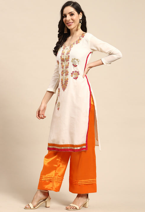 Off-White Chanderi Silk Embroidered Semi-Stitched Salwar Suit Material