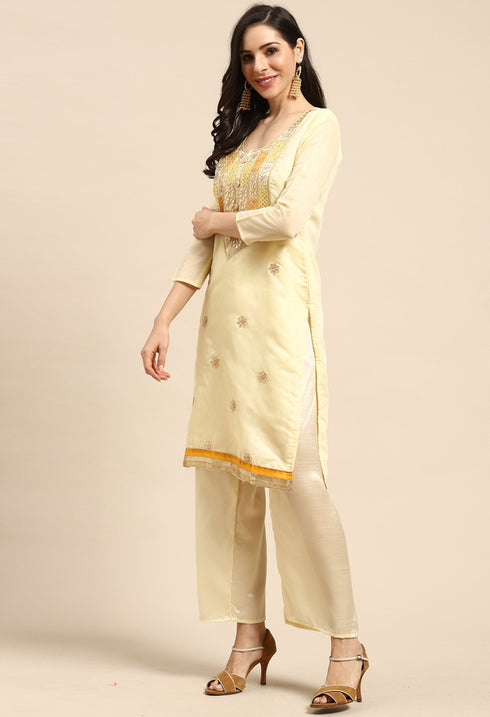 Light Yellow Chanderi Silk Embroidered Semi-Stitched Salwar Suit Material