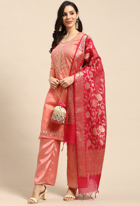 Pink Chanderi Silk Embroidered Semi-Stitched Salwar Suit Material