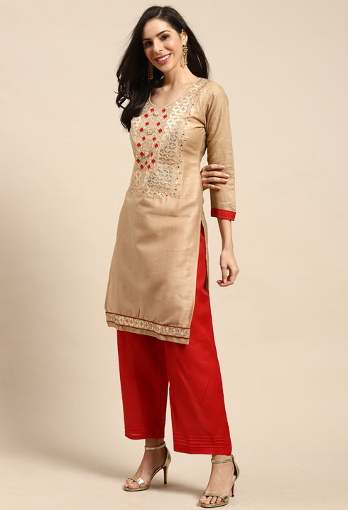Tan Pure Cotton Embroidered Unstitched Salwar Suit Material