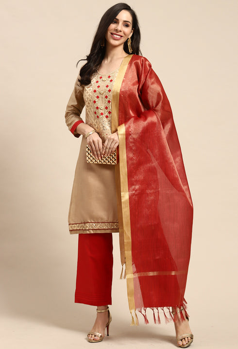 Tan Pure Cotton Embroidered Unstitched Salwar Suit Material
