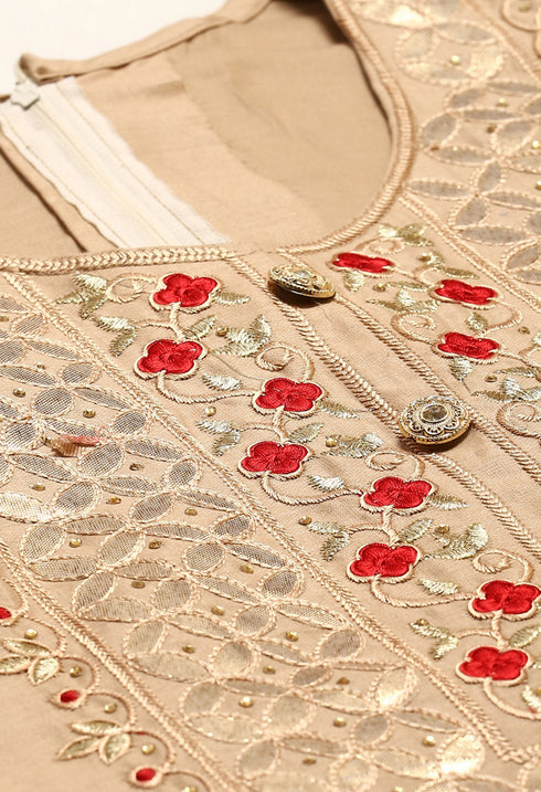 Tan Pure Cotton Embroidered Unstitched Salwar Suit Material