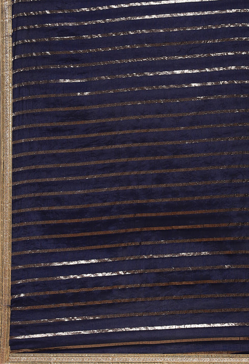 Navy Blue Chanderi Silk Embroidered Unstitched Salwar Suit Material