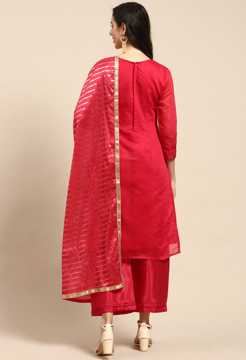 magenta Chanderi Silk Embroidered Unstitched Salwar Suit Material