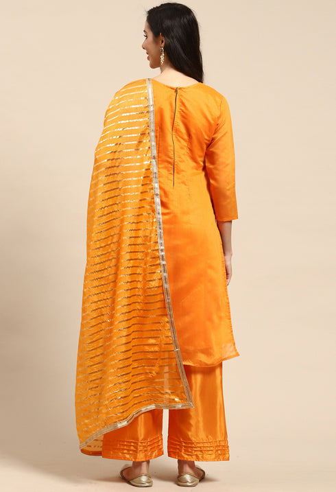 Orange Chanderi Silk Embroidered Unstitched Salwar Suit Material