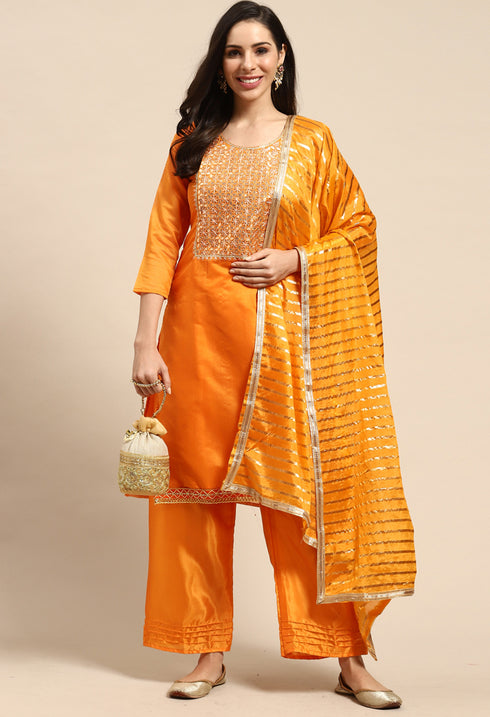 Orange Chanderi Silk Embroidered Unstitched Salwar Suit Material