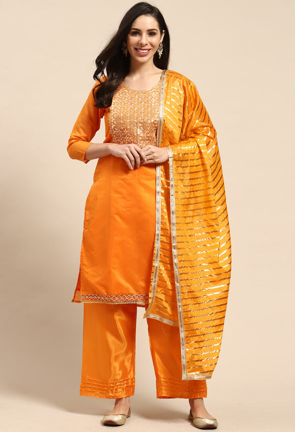 Orange Chanderi Silk Embroidered Unstitched Salwar Suit Material