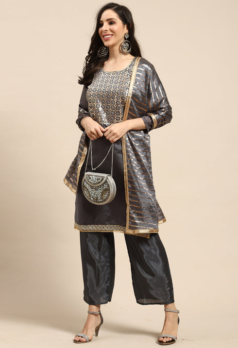 Grey Chanderi Silk Embroidered Unstitched Salwar Suit Material