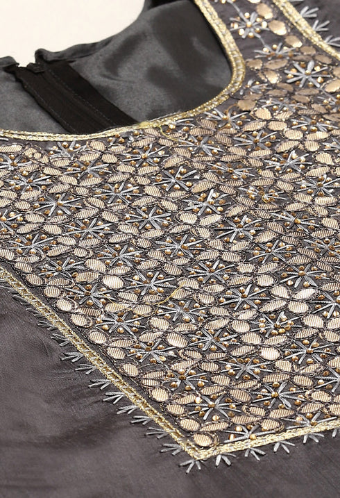 Grey Chanderi Silk Embroidered Unstitched Salwar Suit Material