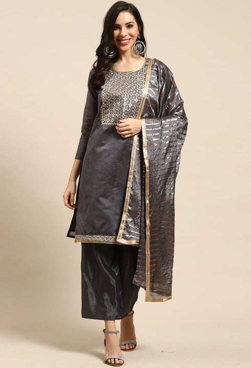 Grey Chanderi Silk Embroidered Unstitched Salwar Suit Material