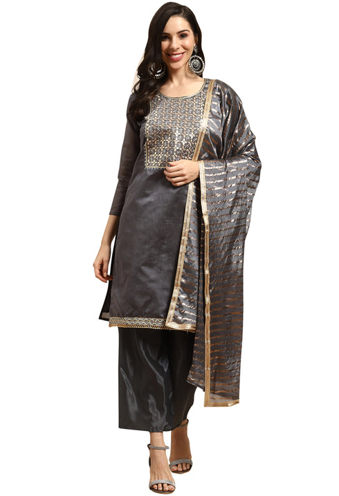 Grey Chanderi Silk Embroidered Unstitched Salwar Suit Material