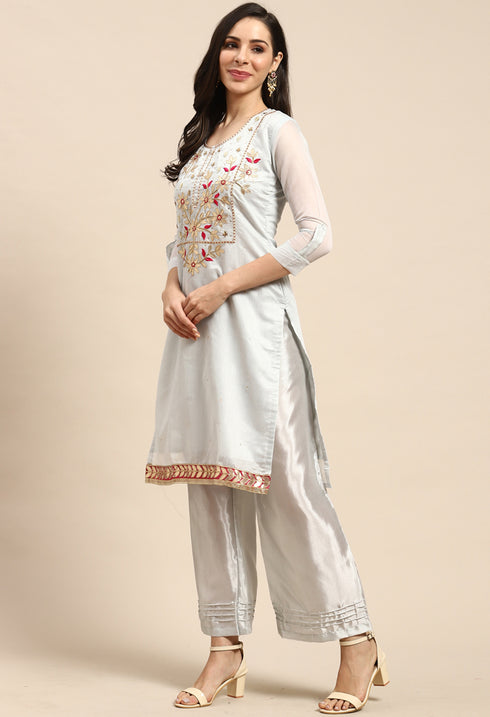 Light Blue Chanderi Silk Embellished Unstitched Salwar Suit Material
