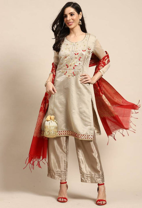 Beige Chanderi Silk Embellished Unstitched Salwar Suit Material - Rajnandini