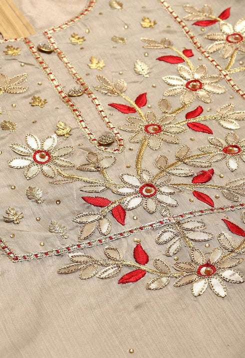 Beige Chanderi Silk Embellished Unstitched Salwar Suit Material - Rajnandini