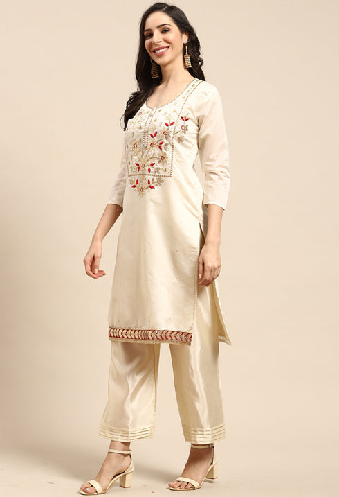 White Chanderi Silk Embellished Unstitched Salwar Suit Material