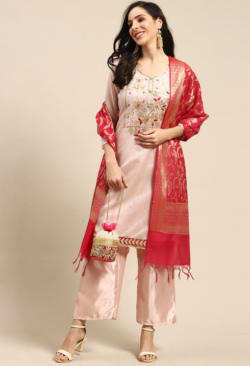 Light Pink Chanderi Silk Embellished Unstitched Salwar Suit Material