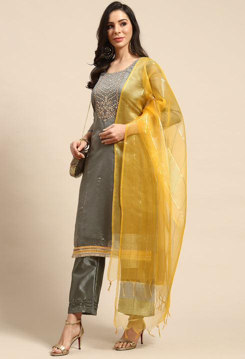 Grey Chanderi Silk Embellished Unstitched Salwar Suit Material