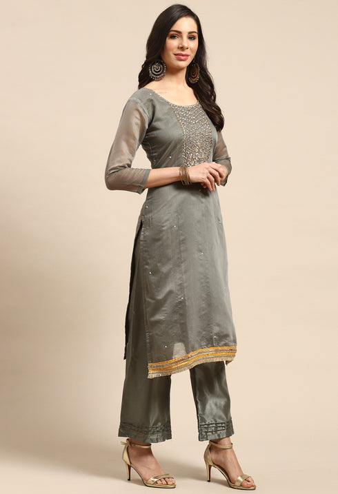 Grey Chanderi Silk Embellished Unstitched Salwar Suit Material