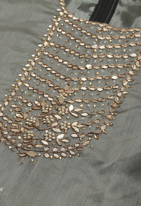 Grey Chanderi Silk Embellished Unstitched Salwar Suit Material