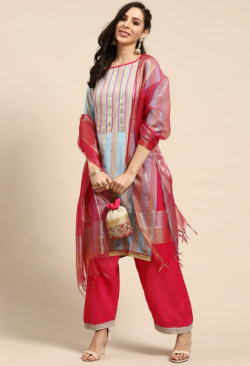 Sky Blue Cotton Embroidered Unstitched Salwar Suit Material