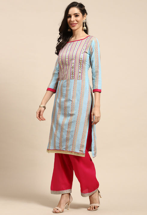 Sky Blue Cotton Embroidered Unstitched Salwar Suit Material