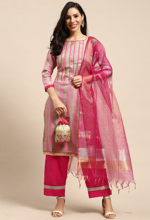 Pink Cotton Embroidered Unstitched Salwar Suit Material