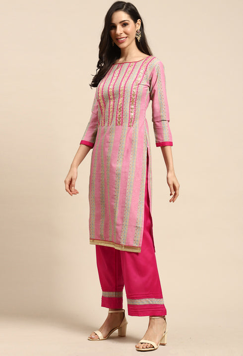 Pink Cotton Embroidered Unstitched Salwar Suit Material